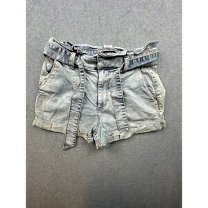 Express Original Shortie Super High Rise Paperbag Denim Shorts Light Wash 8